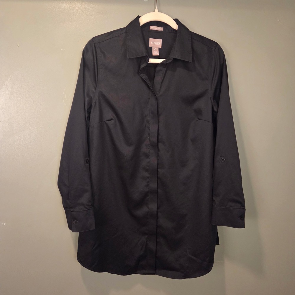 Women's 100% Cotton Longline Tunic Button Up Shirt, Chico's Size 0, Black